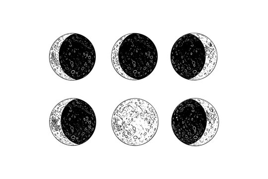 Hand drawn moon phases set with detailed craters in black and white
