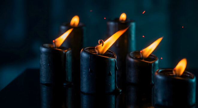 Grupo de velas negras encendidas con llamas brillantes en un ambiente oscuro y m&iacute;stico