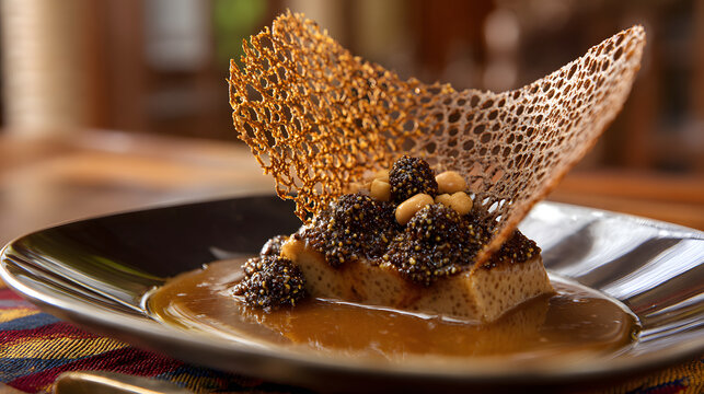 Caramel panna cotta with decorative tuile and seed garnish on glossy plate, warm tones and elegant plating evoking indulgent dessert experience