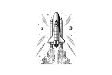 Fototapeta premium Vintage space shuttle launch with retro cosmic elements and stars