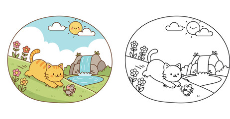 Playful Cartoon Orange Tabby Cat Stalking a Mouse in a Grassy Field by a Waterfall Under a Smiling Sun