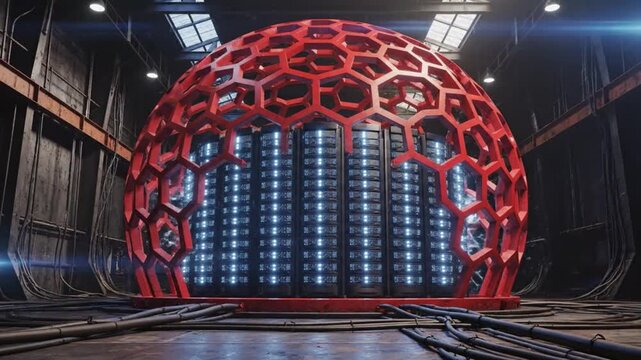 Futuristic spherical structure with glowing blue lights and hexagonal patterns