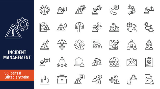 Incident management icon set. Icons related to alert, report, issue, response, risk, damage, monitor, disruption, recovery, security, crisis ad more. Outline icon with Editable stroke. Vector illustra