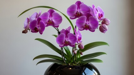Naklejka premium Elegant purple orchids blooming gracefully in a decorative pot.