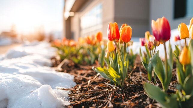 Tulips blooming through melting snow symbolizing spring arrival and new beginnings with sunlight