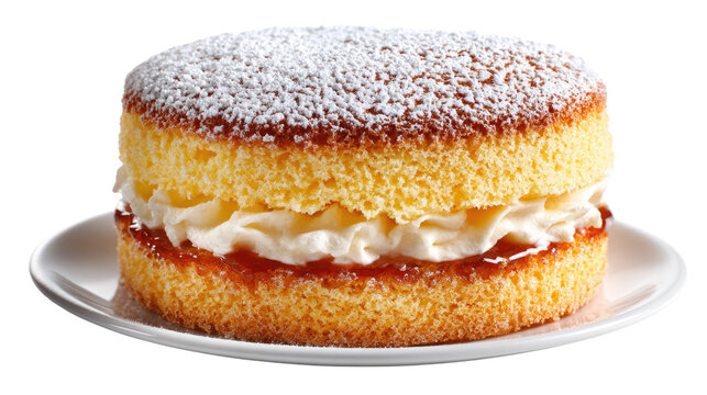 Sweet Temptation: A close-up shot captures a delectable sponge cake, generously layered with whipped cream and a tangy fruit filling, dusted with a delicate veil of powdered sugar.