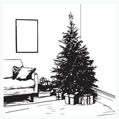 illustration of Christmas tree decorations in the corner of the room