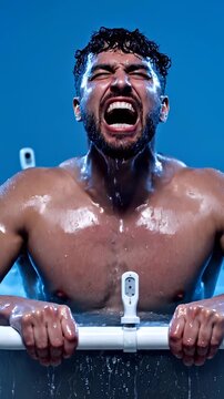 Man screams on rowing machine with water splashing everywhere. Athlete rows intensely with water drops on body. Man exercises on rower screaming. Water splashes during rowing workout on machine.