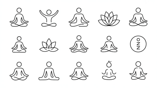 Collection of minimalist yoga and meditation icons simple line art symbols for wellness apps and websites isolated on white background