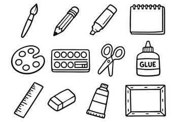 Simple vector line icons of art supplies and creative craft materials, hand-drawn doodle style on white background.