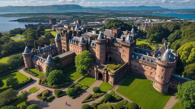 Aerial View of Historic Edinburgh Castle and Gardens in Scotland