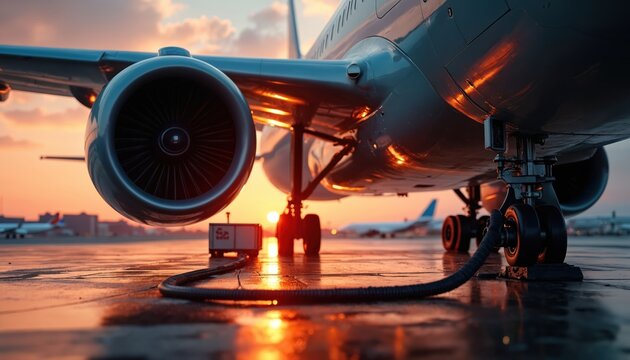 Commercial airplane refuels on tarmac during sunset. Aircraft engine wing and wheels visible close up with reflections on wet ground. Aviation fuel industry.