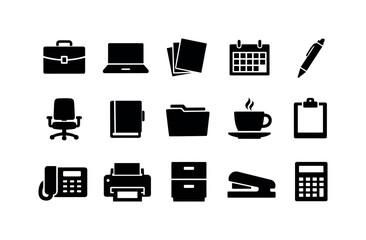 Professional Administration in silhouette style: briefcase, laptop, document stack, calendar, pen, notebook, folder, office chair, coffee cup