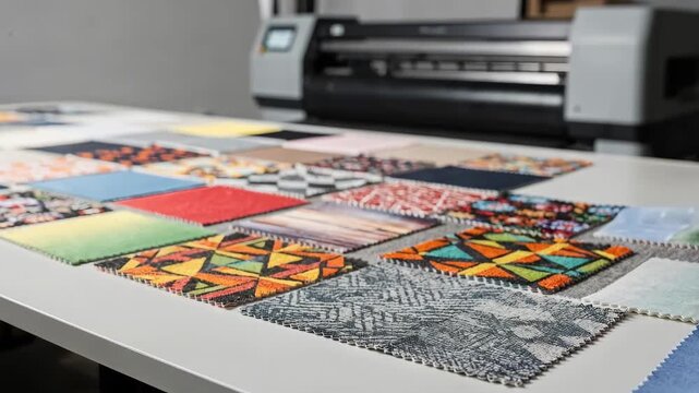 Footage of sample yardage printed digitally capturing detailed textures and colors on fabric swatches demonstrating innovation in fabric design sampling.