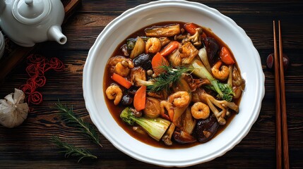 Li Hongzhang Chop Suey (李鸿章杂烩), luxurious Chinese mixed seafood and chicken stew, made with shrimp, scallops, squid, sliced chicken, napa cabbage, carrots, bamboo shoots, and mushrooms, rich glossy