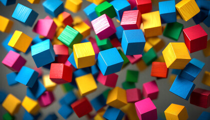 Obraz premium Colorful wooden cubes scattered in creative arrangement