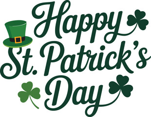 Fototapeta premium Happy St. Patrick’s Day Typography with Green Leprechaun Hat and Shamrocks Isolated on White Background for Irish Holiday Greeting Cards
