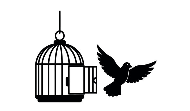 Bird flying out of an open cage door silhouette freedom symbol