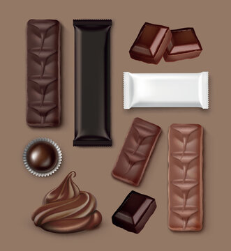 Realistic chocolate bar and candy vector set, chocolate pieces and packaging mockup, sweet dessert elements isolated on brown background, confectionery collection