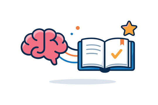 Knowledge retention and continuous skill development in a modern learning mindset, a brain icon connected to an open notebook and a small star
