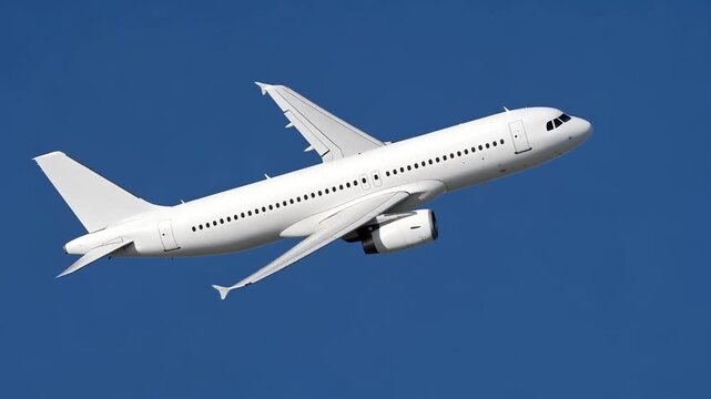 Side view of commercial passenger airplane climbing into the deep blue sky after takeoff, sleek white jet aircraft ascending with visible wings and engines during sunny day for travel concept