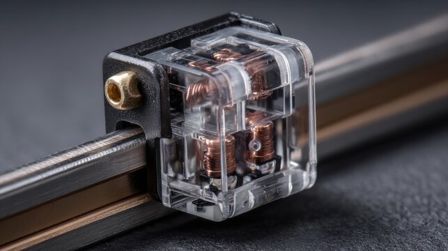 Close-up View of a Clear Plastic Relay Switch With Copper Coils Showing Mounted on a Metal Rail Against a Dark Background