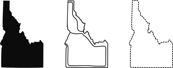 Idaho state map set, solid silhouette, outline and dashed border versions, USA geographic shape collection for infographic, travel design, vector illustration © PixelsWorld