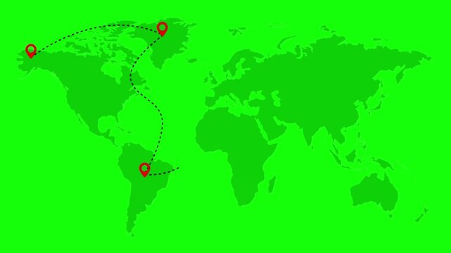 World map illustration showing a flight path between south america and asia.