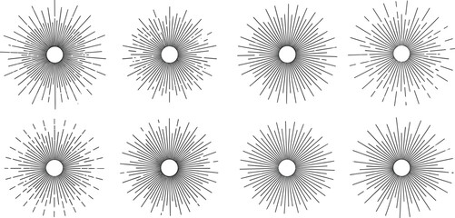 Sunburst rays collection set, vintage radial line burst backgrounds, retro starburst sunshine elements for logo, badge, poster and branding design, vector illustration