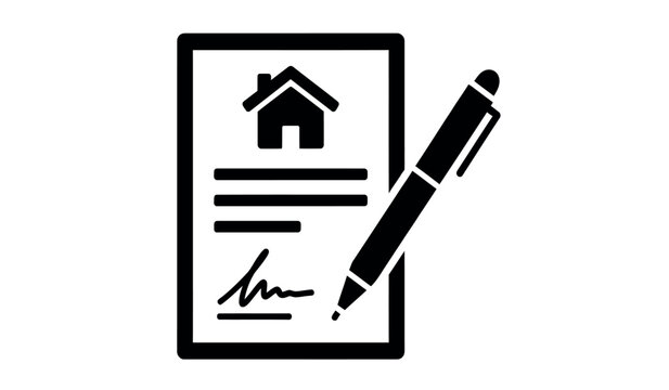 Black and white icon of a house document with a pen on isolated for real estate or contract concept