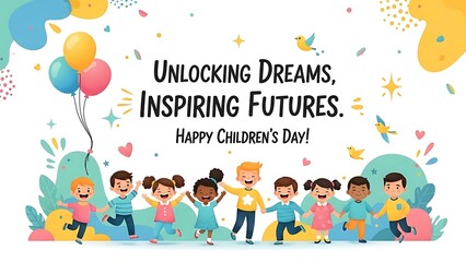 Diverse children celebrating joyfully with balloons and confetti for Children's Day in colorful flat design illustration
