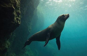 Sea lion swims underwater near rocky cliff. Sunlight rays pierce blue ocean water. Marine mammal glides gracefully through clear sea. Wildlife in natural habitat.