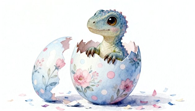 Watercolor baby dinosaur hatching from a decorated Easter egg on white background
