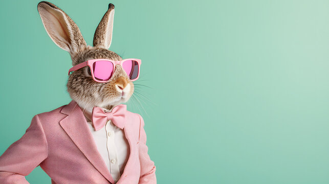 An Easter bunny character in a pink suit and sunglasses against a light green background with space for text is a vibrant advertising image, a minimalist studio scene