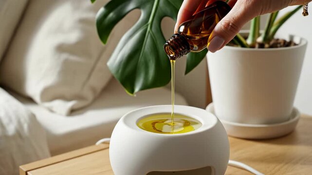 Woman Pouring Essential Oil into Diffuser.
