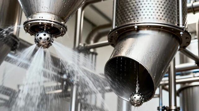 Medium shot of sprayball CIP system rinsing cyclones and ducting of dairy dryers capturing rotating spray balls delivering precise water jets for hygienic cleaning.