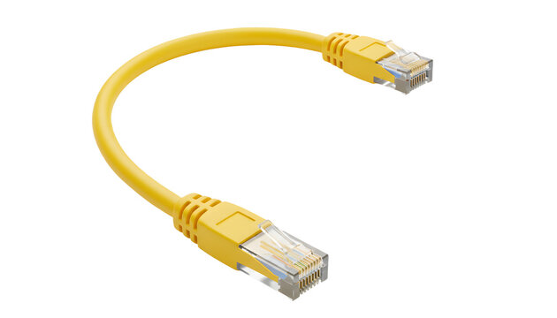 A yellow Ethernet cable with connectors on a white background