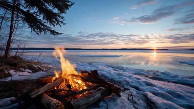 Campfire by frozen lake at sunset scenic landscape and winter scenery