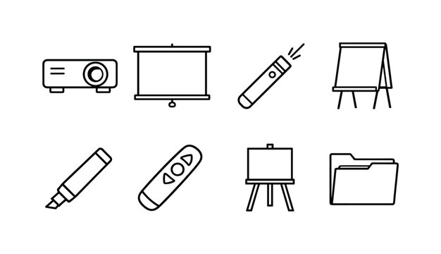 Office presentation tools: projector, projection screen, laser pointer, flip chart, marker pen, presentation remote, easel stand, document folder