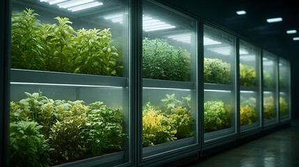 Fototapeta premium Green plants flourishing in a state-of-the-art laboratory with numerous glass cases