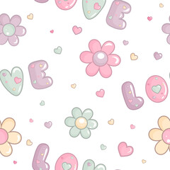 Seamless vector pattern cute flowers hearts love pastel colors kids romantic background textile wallpaper wrapping paper greeting card design