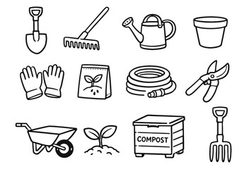 Hand-drawn gardening tools and elements icons set. Doodle style symbols for horticulture and agriculture. © drawing lines