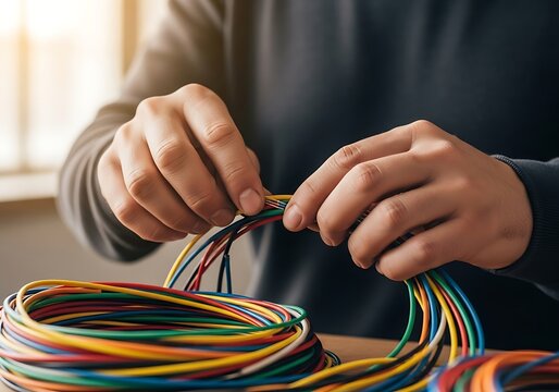 Hands untangling colorful electrical wires colorful wires