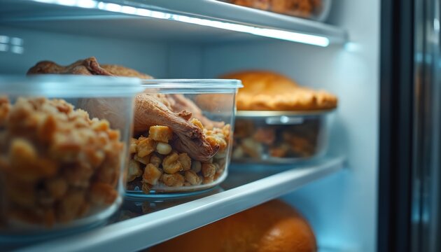Fridge stores Thanksgiving meal leftovers in containers. Turkey pieces and stuffing sit beside pie. Food remains fresh, ready for later enjoyment.