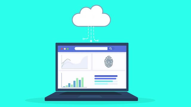 Flat vector animation of laptop displaying performance analytics dashboard connected to cloud system, representing data monitoring, reporting, and digital technology workflow.
