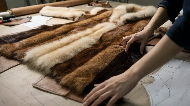 Medium shot of hands arranging fur panels on hides focusing on the intricate pattern drafting for a luxurious long fur coat design.