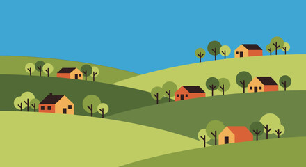 Serene countryside landscape with rolling hills and houses.