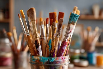 Fototapeta premium Close-up view of paintbrushes inside a jar