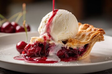 Cherry pie slice with French vanilla ice cream melting into filling, cherry syrup drip down plate