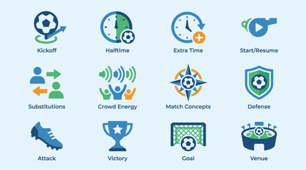 Fototapeta premium Football and soccer tournament icon set icons with kickoff, halftime, extra time, substitutions, crowd energy, and goal symbols isolated on light blue background.